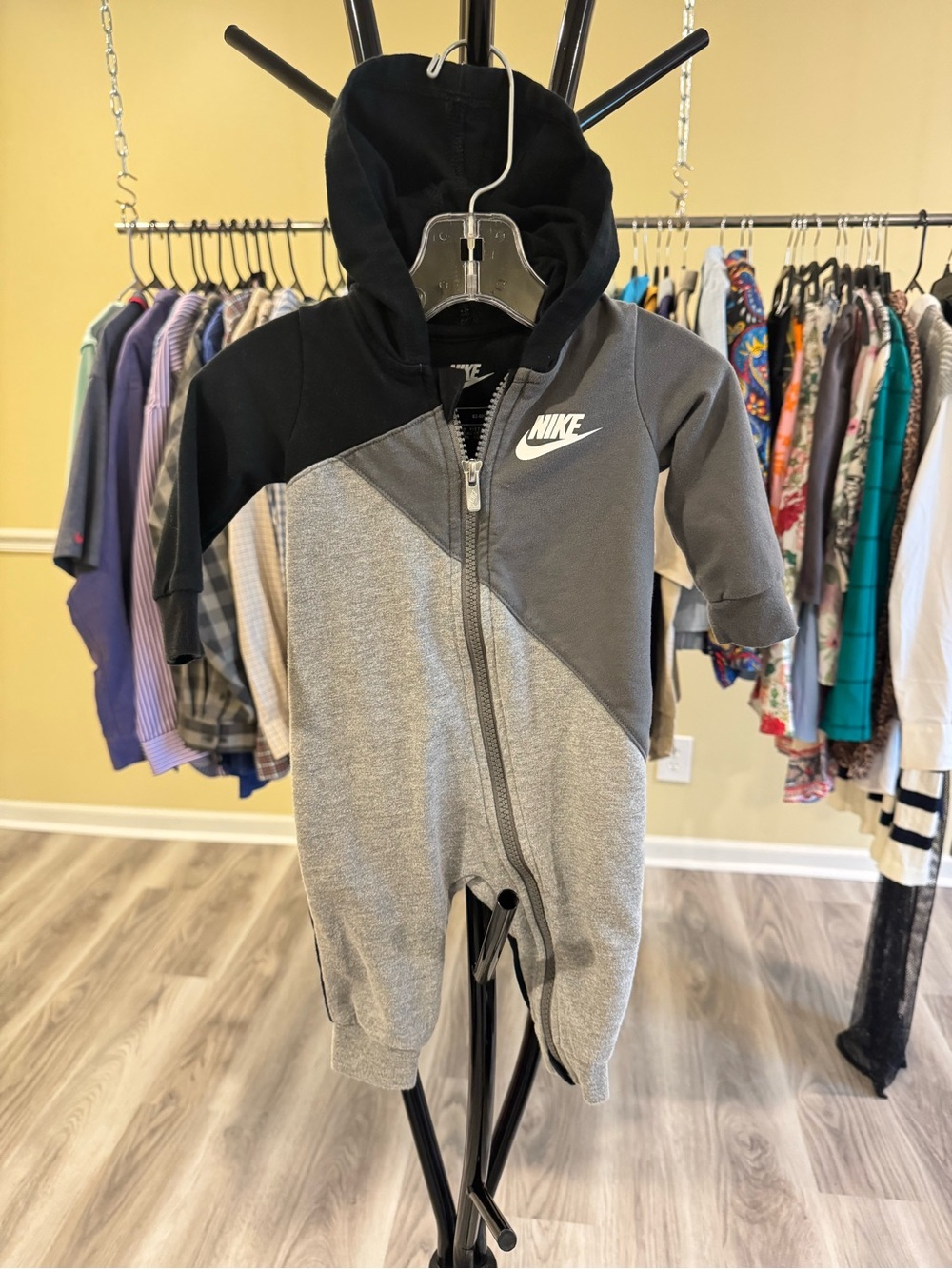 Nike baby Gray & Black Hooded One-Piece Romper